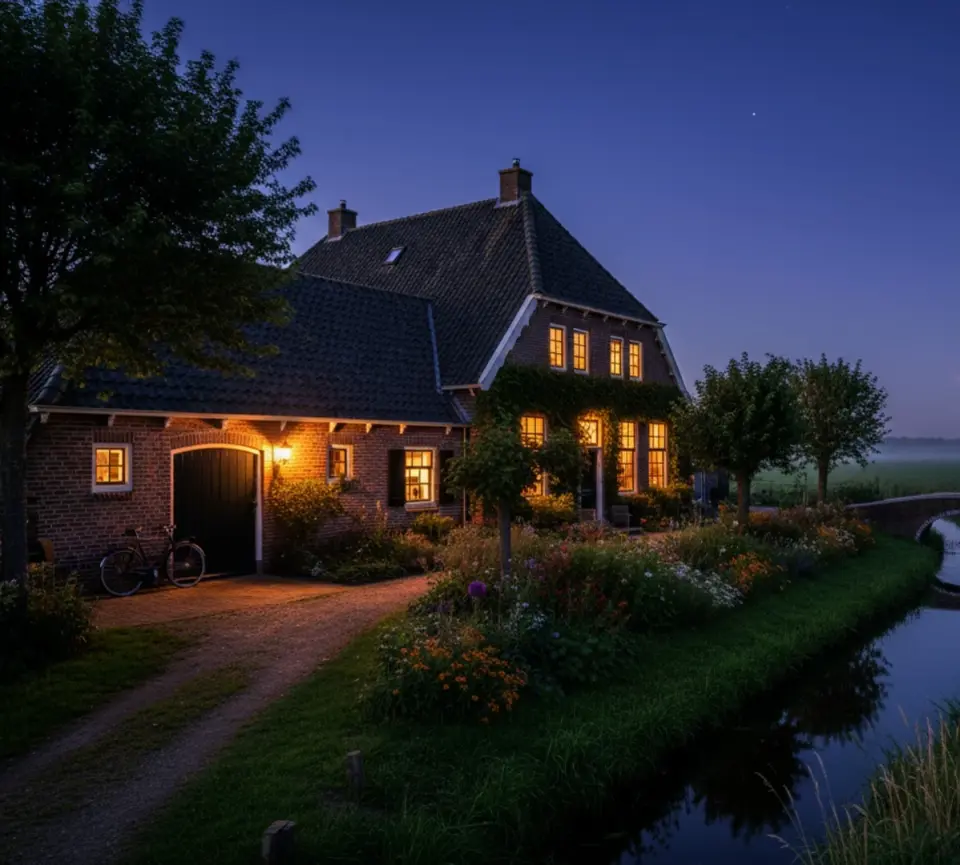 vrijstaande woning in avondlicht
